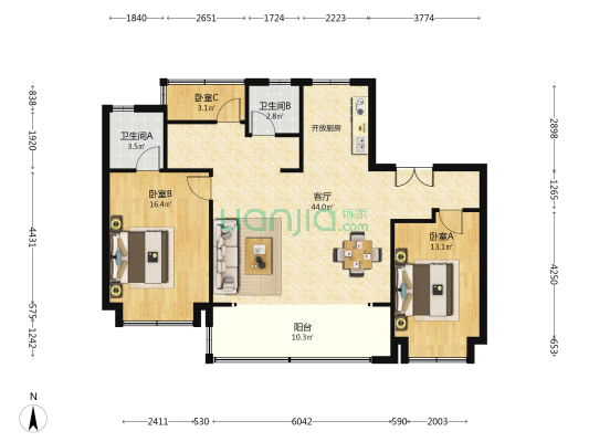 信达观棠 3室1厅2卫 126平方