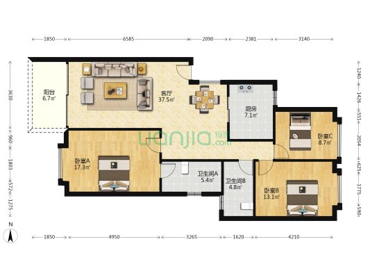 新世界棕榈园 3室1厅2卫 122平方