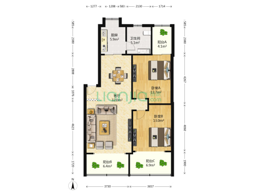 桃花园小区 2室1厅1卫 89平方
