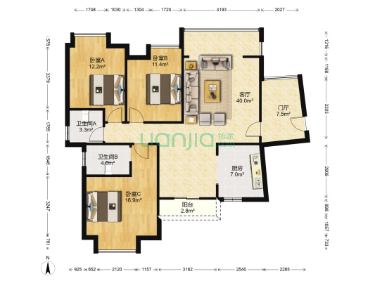 香楠湖 3室1厅2卫 122平方