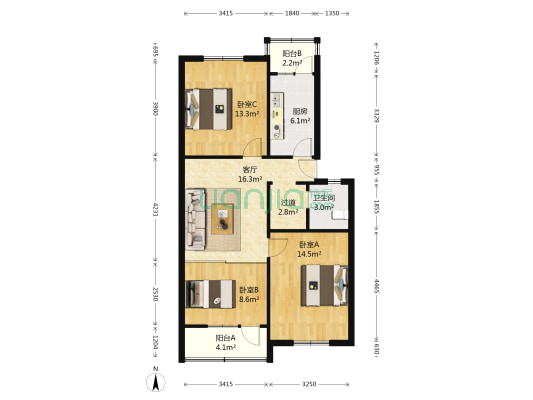 井岗新村小区 3室1厅1卫 84平方