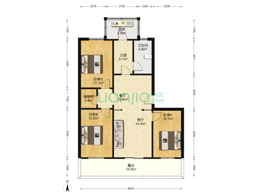 栖仙温泉公寓中区 3室2厅1卫 109平方