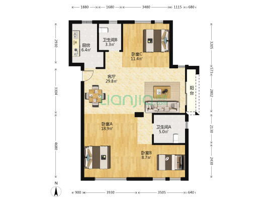 星海湾北区 3室1厅2卫 114平方