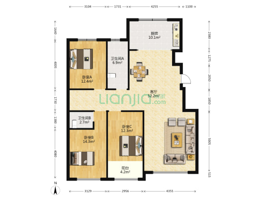 泰祥福邸 3室1厅2卫 144平方