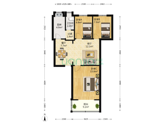 红花坡小区 3室2厅1卫 70平方