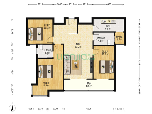 高速花园小区 3室1厅2卫 126平方