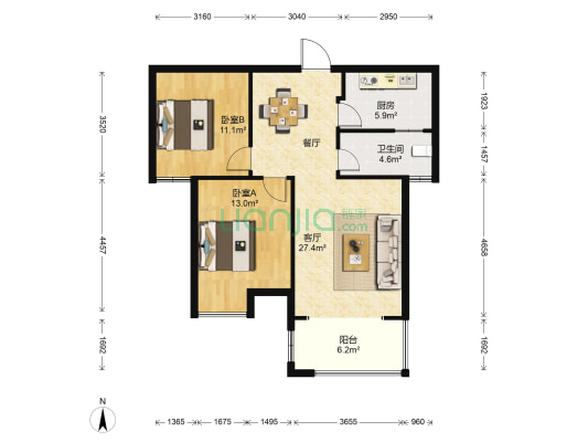 中建御景星城 2室1厅1卫 92平方