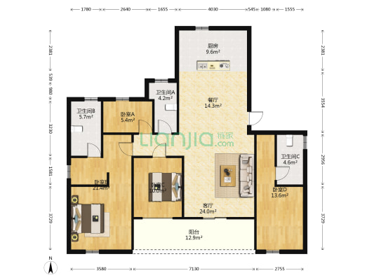 新城吾悦广场 4室2厅3卫 165平方