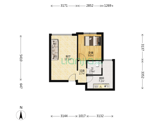 正规一室一厅，户型方正，精装  拎包入住-户型图