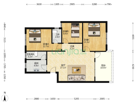世纪花园 3室1厅2卫 90平方