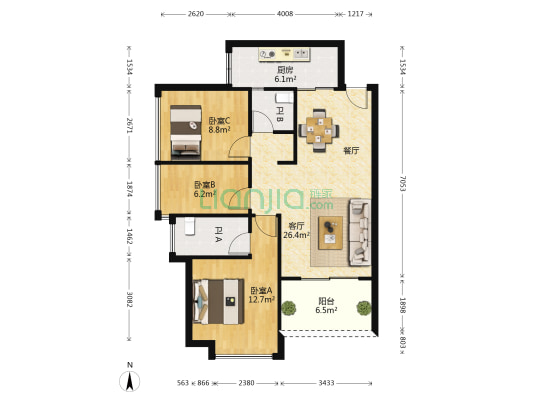 华发广场悦海湾 3室1厅2卫 88平方