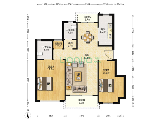 恒泰湘壹府 2室1厅2卫 107平方