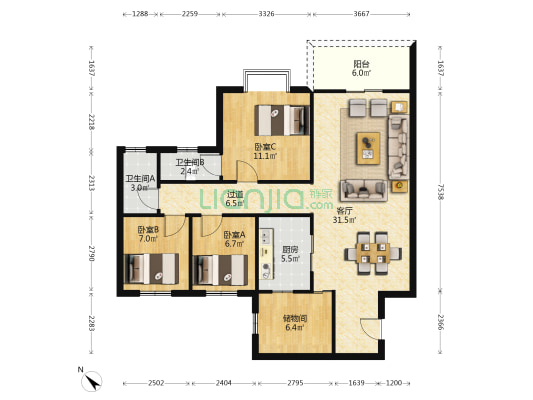 泰富花苑 3室1厅2卫 103平方