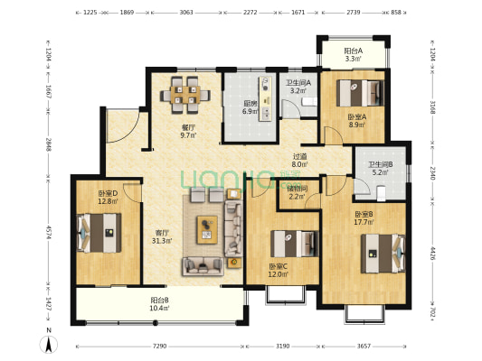 梧桐西舍 4室2厅2卫 168平方