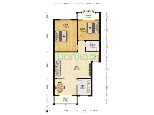 定福家园 2室1厅1卫 93平方