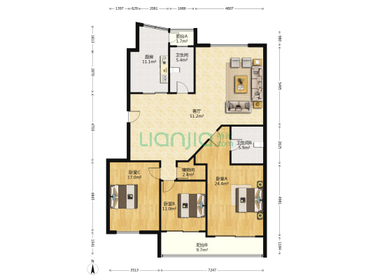 名都大厦 3室1厅2卫 170平方