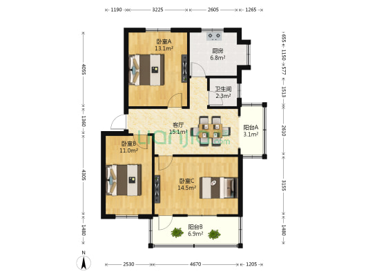 第四j机公司宿舍 3室1厅1卫 88平方