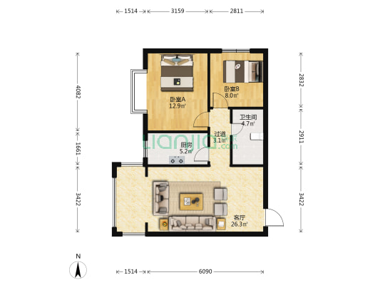 金榜逸家 2室1厅1卫 88平方