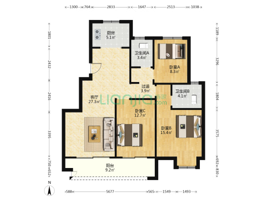 逸品汤山桃园 3室1厅2卫 110平方