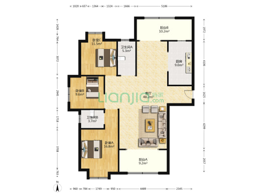 君临国际新城 3室1厅2卫 150平方