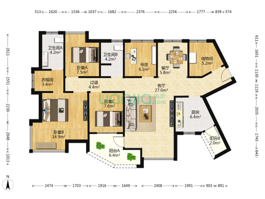 紫阳花园 4室2厅2卫 109平方