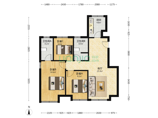 此房户型南北通透，采光充足，在小区西边单元更安静-户型图