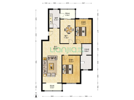 万明园 2室2厅1卫 122平方