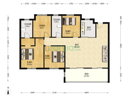 颍上富力城 3室1厅2卫 131平方