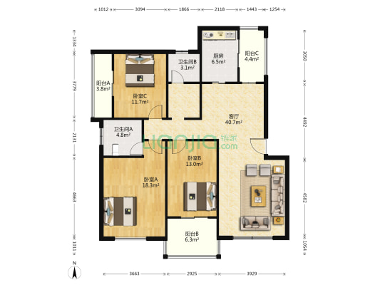 华城美地 3室1厅2卫 130平方