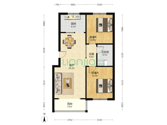 和谐陆港 2室1厅1卫 87平方