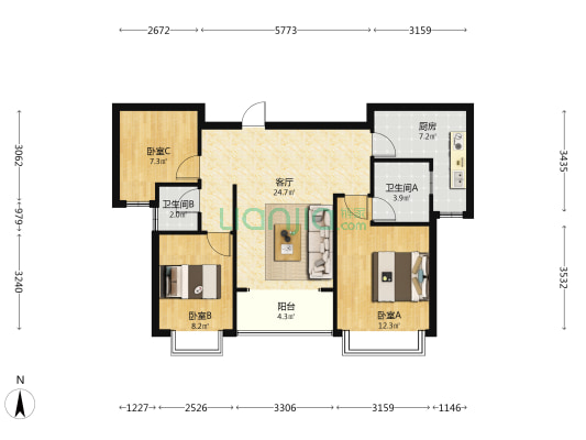 恒大文化旅游城14组团 3室1厅2卫 99平方