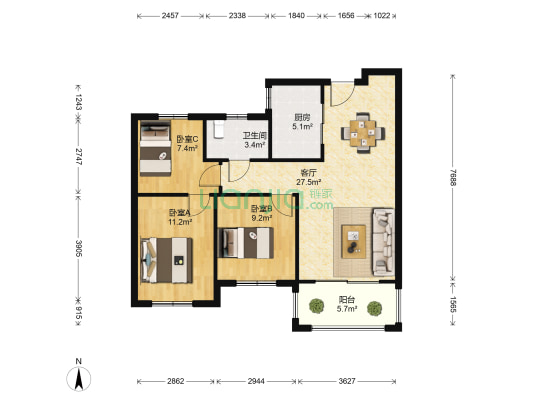 东方蓝海三期 3室1厅1卫 94平方