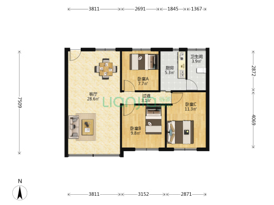 府又花园 3室1厅1卫 95平方