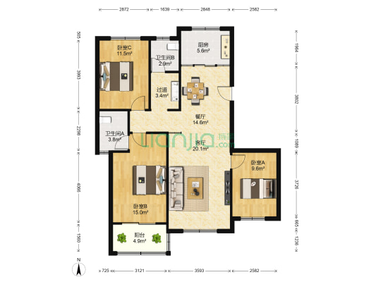烨京城市花园 3室2厅2卫 126平方