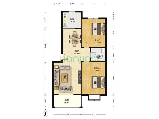环岛豪庭 2室1厅1卫 98平方