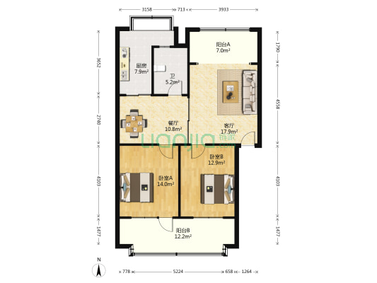 口岸办宿舍 2室2厅1卫 95平方