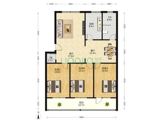 阳光家园 3室2厅2卫 140平方