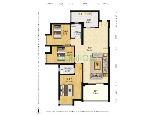 江山如画六期 3室1厅2卫 116平方