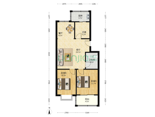 福泽园(津南) 2室2厅1卫 81平方