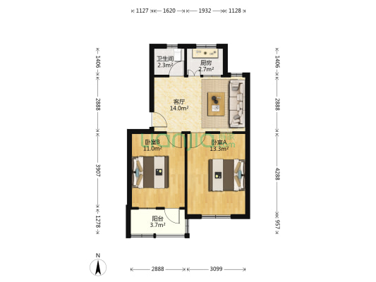 延安北路25号 2室1厅1卫 53平方