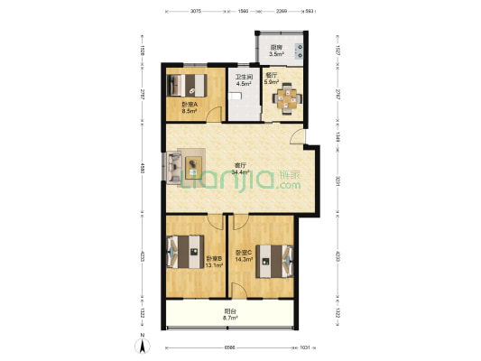 丁卯公寓 3室2厅1卫 109平方