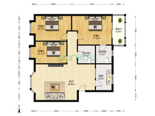 城隍公寓 3室1厅2卫 124平方