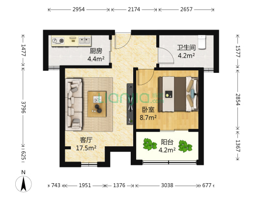 美的翰城西区 1室1厅1卫 55平方