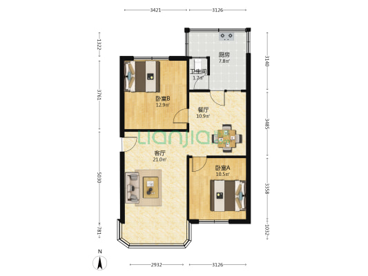 莲子塘 2室2厅1卫 77平方