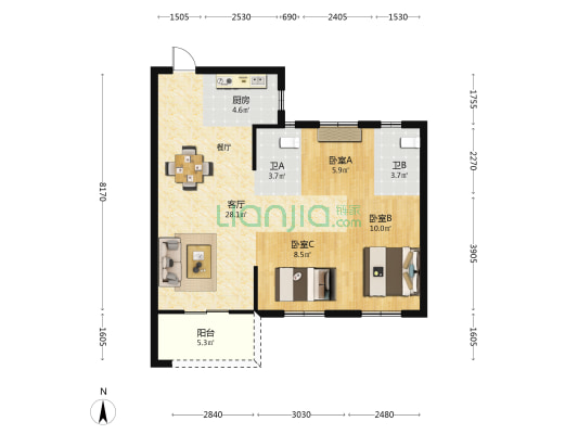 大东海中央府A区 3室1厅2卫 90平方
