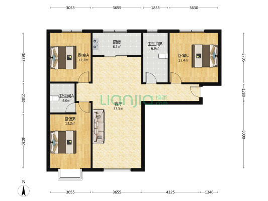 德信公园北侧 精装 南北通透精装自住三居-户型图
