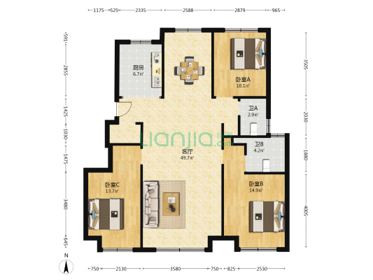 中铁逸都C区 3室1厅2卫 127平方