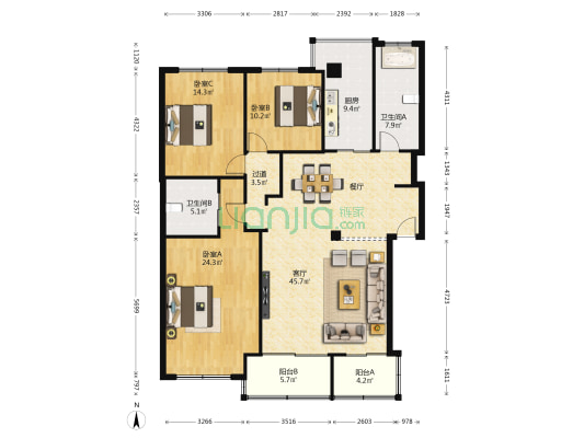 旦山苑 3室1厅2卫 148平方