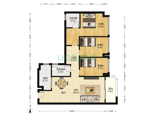 中海星筑 3室1厅2卫 97平方