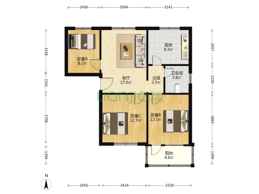 昌邑豫园小区 3室1厅1卫 90平方